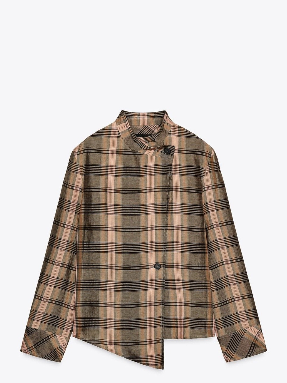 Zara Plaid Asymmetric Button Blouse - Brown & Pink